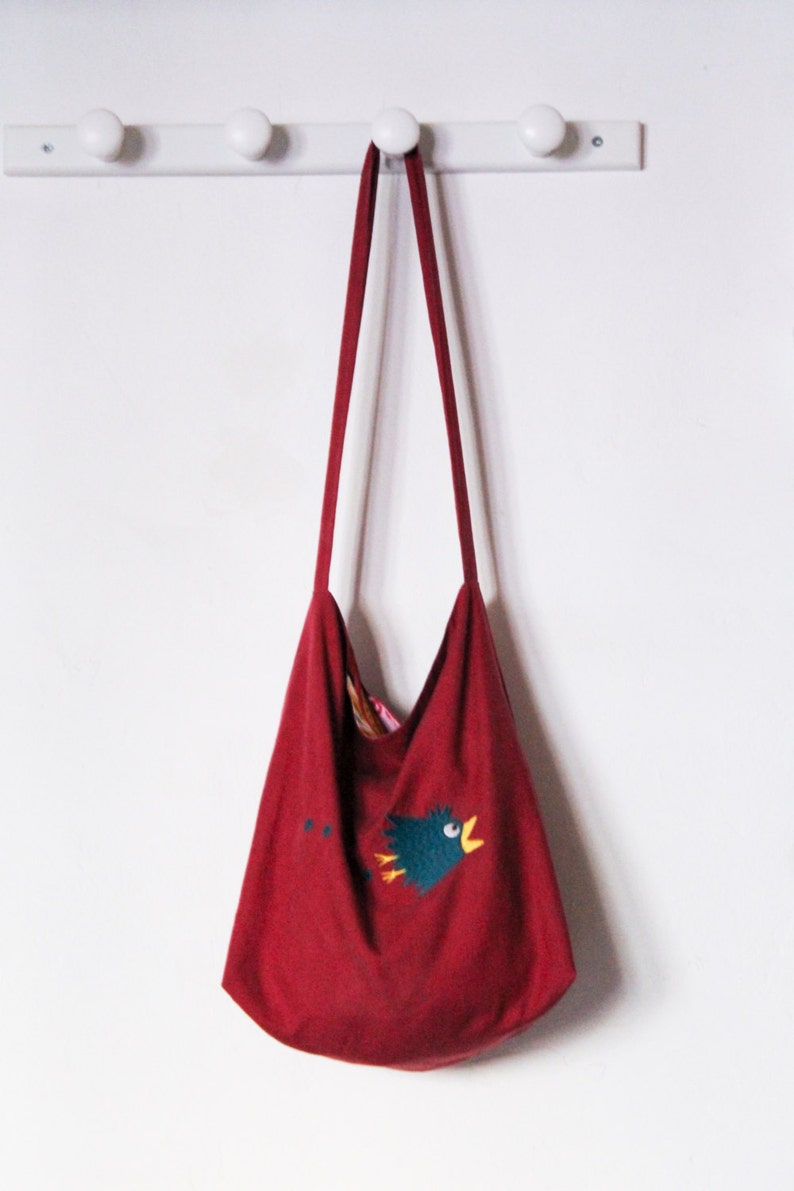 Large raspberry cotton embroidered bird manga teal lining bathmat printed canvas shoulder bag handbag image 5