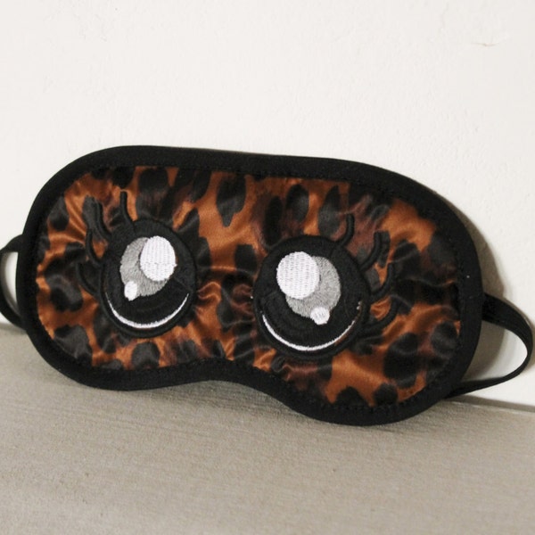 Nachtmaske Schlaf Satin Bestickte Leoparden Augen Kawaii molleton Baumwolle Doppelt dicke satin elastisch schwarz made in Frankreich