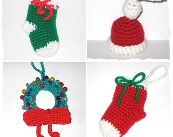 Adorno de árbol de Navidad 3 patrones de crochet, Tutoriales de calcetines, coronas y sombreros navideños de crochet, Patrones PDF de decoración navideña