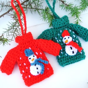 Ugly Christmas sweater ornament crochet pattern, Tiny sweater tutorial, Snowman sweater crochet pattern, Holiday decoration PDF pattern