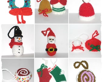 Christmas tree ornaments crochet patterns, Set of 9 crochet patterns for Christmas tree decorations, Crochet holiday ornaments PDF patterns