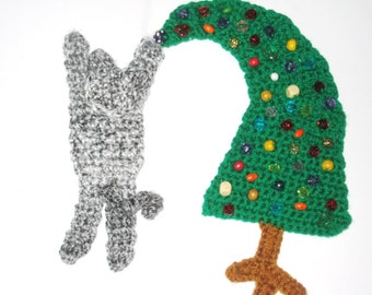 Chat avec motif de crochet d'applique de sapin de Noël, motif PDF de décoration de Noël, tutoriel de décoration de vacances, motif de crochet rapide et facile