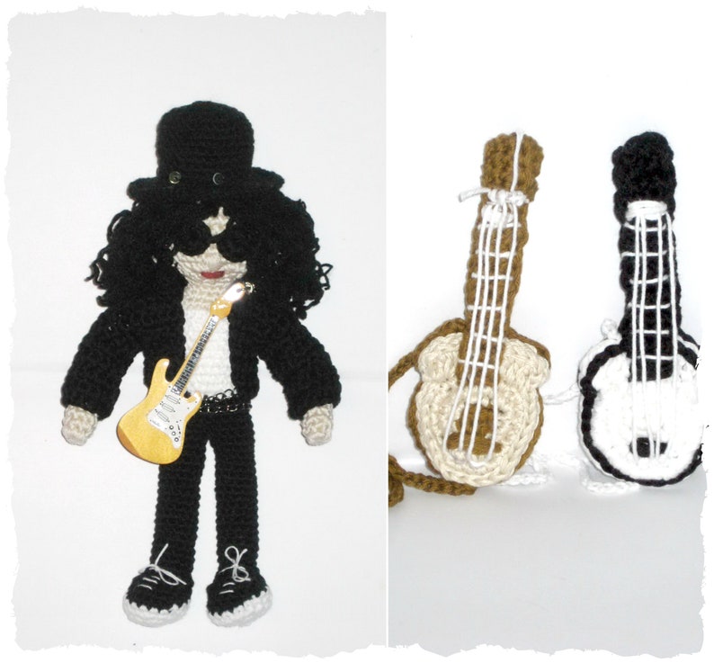 Patrón crochet muñeco amigurumi, Crochet Dos patrones PDF, Muñeco amigurumi patrón guitarra GRATIS, Patrón muñeco estrella de rock imagen 1