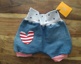 Upcycling kurze Jeans Pumphose, Mitwachshose Baby, Gr. 56 / 62