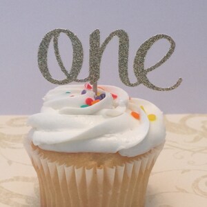 Any Color!! 12 Glitter Cupcake Toppers &quot;One&quot;