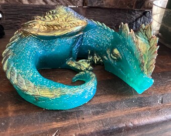 Resin Sleepy Dragon Friend, Golden Mermaid Colorway