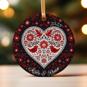Personalized Scandinavian Folk Art Heart Ceramic Christmas Ornament Red and White Nordic Holiday Tree Decoration