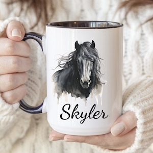 馬のマグカップ、パーソナライズされた馬のコーヒーカップ、カスタムネームコーヒーマグ、女性への馬のギフト、馬好きへのギフト、馬のコーヒーマグ、パーソナライズされたギフト