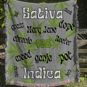 Stoner Gifts Sativa Indica 420 Blanket for Stoner Grunge Dorm Decor Pot Weed Mary Jane Blanket for Smoking Weed