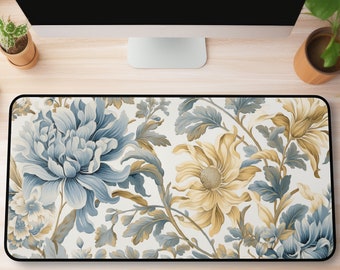 Cottagecore Blue Floral Desk Mat, Vintage Botanical Mouse Pad, Floral Vintage Aesthetic Workspace Decor, Nature-Inspired Extended Desk Mat