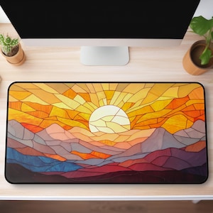 Faux Stained Glass Sunset Desk Mat - Abstract Serene Mountain Sunset Mousepad, Soft Pastel Calming Office Decor, Nature Lover