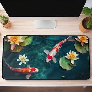 Koi Fish XL Desk Mat, Koi Pond Goldfish Mousepad, Zen Painting Desk Topper, Blue Waters Laptop Mat, Calming Office Decor, Cute Desk Mat