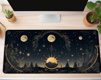 Tappetino da scrivania Celestial, fasi lunari, immagine della strega, verde scuro Academia, tappetino per mouse cottagecore scuro, gioco XXL, tappetino da scrivania carino esteso