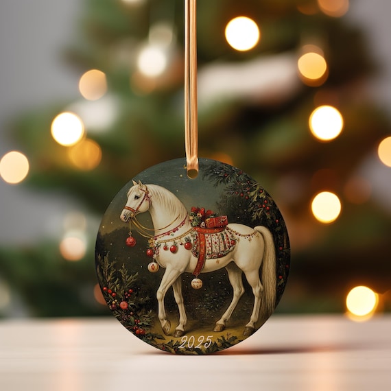 Equestrian Decor White Christmas Horse Holiday Ornament, Equestrian Ornament Gift, Horse Lover Owner Christmas Ornament Gift For Horse Lover