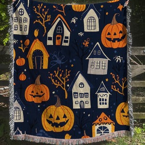 Halloween Blanket Spooky Fall Home Decor Throw Pumpkins Cotton Halloween Village Woven Blanket Spooky Season Gift Ghost Halloween Lover