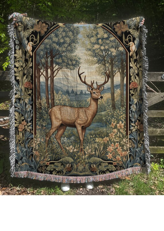 Cottagecore Woven Blanket, Deer Hunting Inspired Decor, William Morris Style Fairycore Woven Throw Tapestry Forest Botanical Man Cave Decor