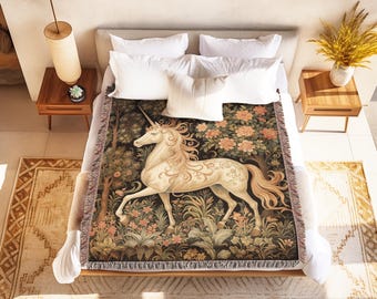 Couverture licorne Cottagecore, décoration de chambre d'enfant inspirée des contes de fées Style William Morris Cottagecore Fairycore jeté tissé tapisserie botanique