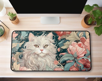 Alfombrilla de escritorio para gatos Cottagecore, alfombrilla de ratón para gatos florales, decoración del espacio de trabajo estético vintage para gatos, alfombrilla de escritorio extendida, almohadilla de juego grande, oficina relajante