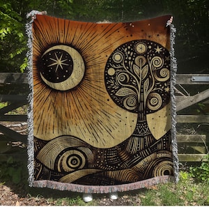 Woven Blanket: Dark Witchy Pagan Academia Retro Throw, Vintage Style Quilt & Cozy Picnic Blanket for Cottagecore Library or Book Nook Decor