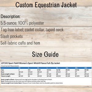 May include: A product description sheet for a Custom Equestrian Jacket. The sheet includes details such as the fabric composition, tag-free label, cadet collar, slash pockets, and self-fabric cuffs. A size guide for a Sport-Tek fleece jacket is also included.