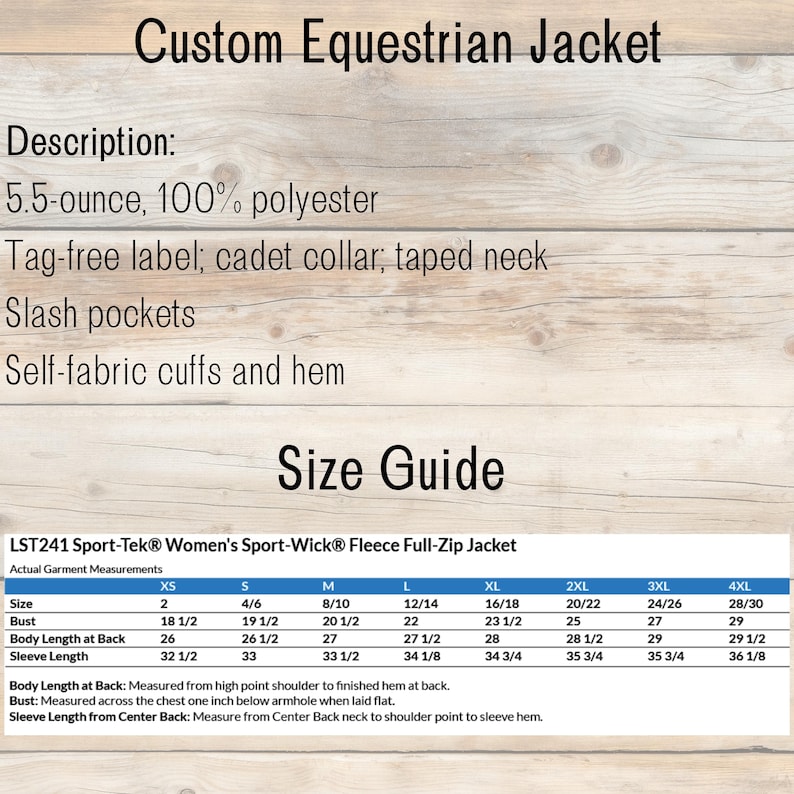 May include: A product description sheet for a Custom Equestrian Jacket. The sheet includes details such as the fabric composition, tag-free label, cadet collar, slash pockets, and self-fabric cuffs. A size guide for a Sport-Tek fleece jacket is also included.