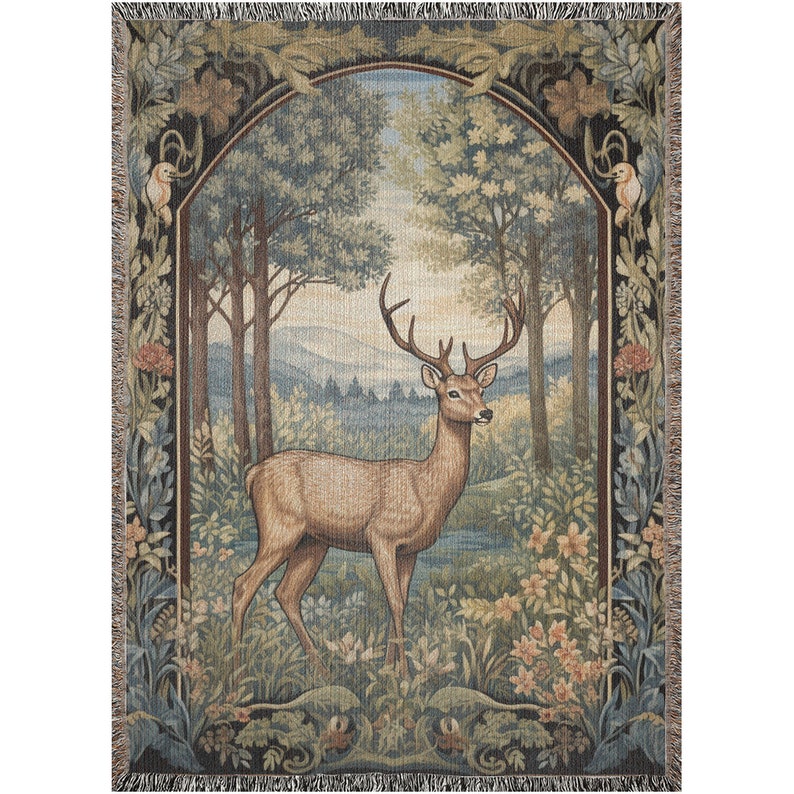 Cottagecore Woven Blanket, Deer Hunting Inspired Decor, William Morris Style Fairycore Woven Throw Tapestry Forest Botanical Man Cave Decor image 2