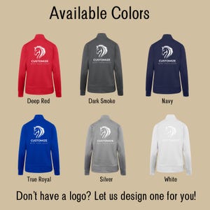 May include: A display of six zip-up jackets in various colors: deep red, dark smoke, navy, true royal, silver, and white. Each jacket features a white horse logo and the text "Customize with your logo". The text "Available Colors" is at the top.