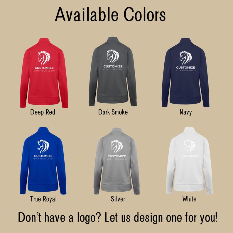 May include: A display of six zip-up jackets in various colors: deep red, dark smoke, navy, true royal, silver, and white. Each jacket features a white horse logo and the text "Customize with your logo". The text "Available Colors" is at the top.