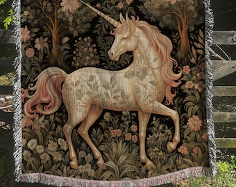 Couverture tissée Licorne Cottagecore Art, décoration de chambre d'enfant inspirée des contes de fées, jeté tissé Fairycore de Style William Morris tapisserie botanique