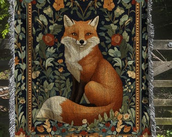 Cottagecore Fox Throw Blanket Mystic Woodland Room Decor Morris Inspired Forest Aesthetic Fairycore Woven Tapestry Fantasy Decoration