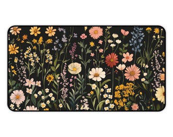 Podkładka na biurko Dark Cottagecore Floral, podkładka pod mysz z motywem botanicznym, podkładka na biurko w stylu vintage, podkładka pod mysz z motywem dzikich kwiatów, dekoracja biurka w stylu natury, podkładka na biurko w ogrodzie