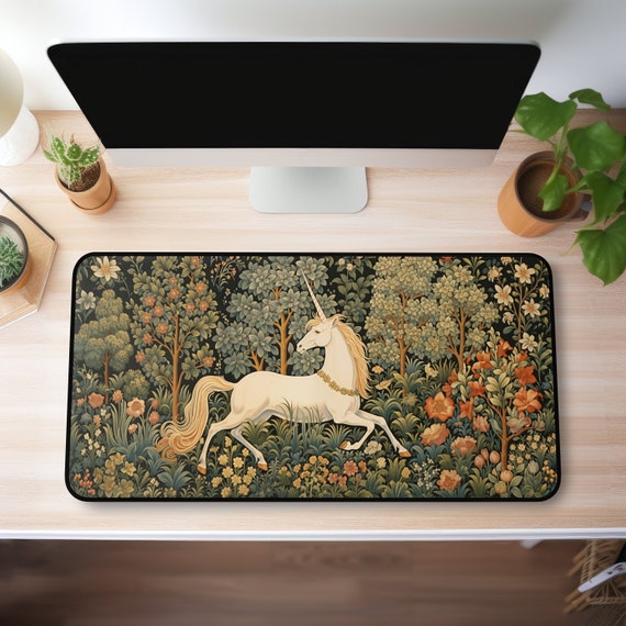Cottagecore Desk Mat, Vintage Unicorn Mouse Pad, XL Customizable Mousepad, Unicorn Tapestry Workspace Decor Nature-Inspired Extended Deskmat