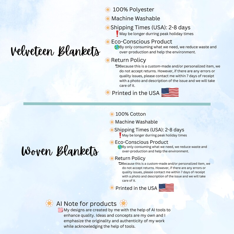May include: Image featuring text for Velveteen Blankets and Woven Blankets. Details include fabric composition, care instructions, and a return policy. The text also mentions eco-conscious production and printing in the USA.