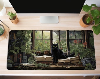 Cottagecore Cat Desk Mat, Black Cat Mousepad, Vintage Aesthetic Dark Academia Desk Mat Witchy Aesthetic Office Accessories, Gaming Desk Pad
