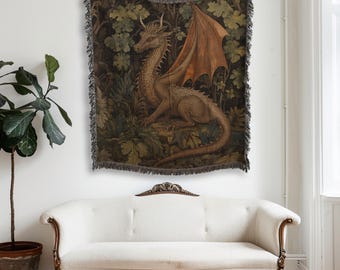 Cottagecore Woven Blanket, Dragon Fairytale Inspired Nursery Decor, William Morris Style Fairycore Woven Throw Tapestry Botanical