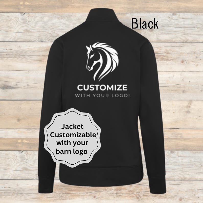 May include: Black jacket with a white horse head logo and the text "CUSTOMIZE WITH YOUR LOGO!". The jacket is customizable with a barn logo. The word "Black" is written in the upper right corner.