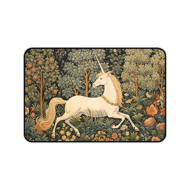 Tappetino da scrivania Cottagecore, tappetino per mouse vintage con unicorno, tappetino per mouse XL personalizzabile, tappetino esteso per scrivania ispirato alla natura con arazzo unicorno immagine 5