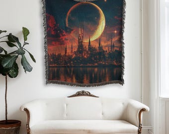 ACOTAR, trône de verre, ville en croissant de lune, couverture tissée, tapisserie, décor de cour de nuit, cadeau pour amoureux des livres, couverture Booktok, jeté inspiré de SJM