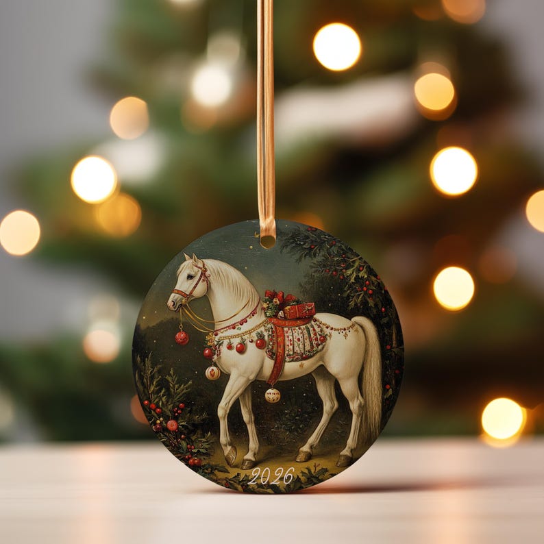 K&ouml;nnte beinhalten: Ein runder Weihnachtsanh&auml;nger aus Keramik mit einem wei&szlig;en Pferd, das mit roten und goldenen Festtagsdekorationen wie Christbaumkugeln und einer Satteldecke geschm&uuml;ckt ist. Das Pferd steht in einem dunklen Wald, unten steht die Jahreszahl 2026.