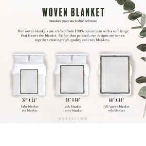 May include: Three woven blankets in different sizes, with fringe edges. The blankets are white and laid out on a white surface. The sizes are 37 inches by 52 inches, 50 inches by 60 inches, and 60 inches by 80 inches. The text "WOVEN BLANKET" is at the top of the image.