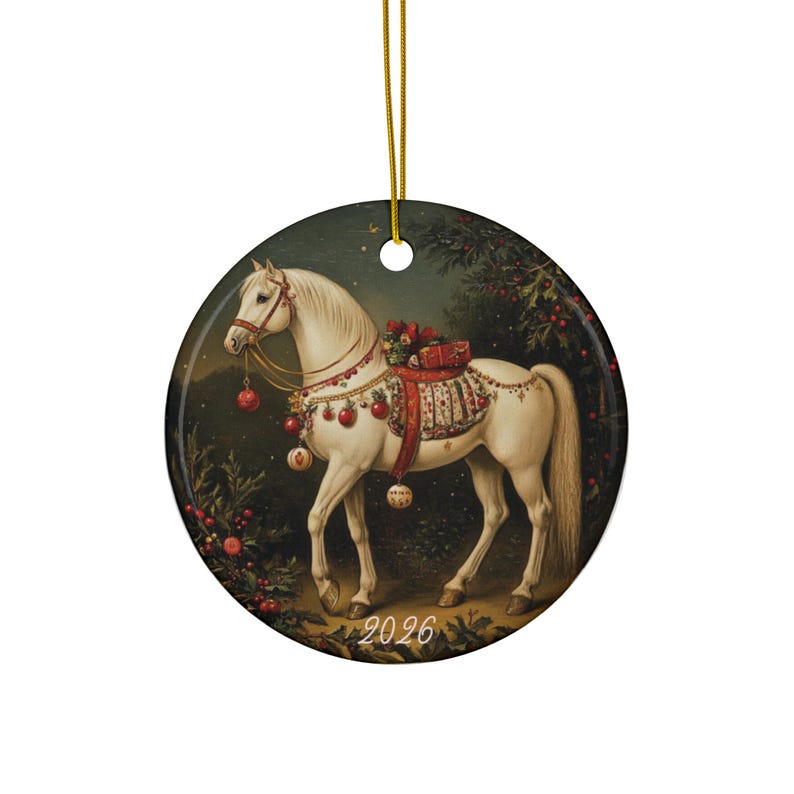 Weiße Weihnachtskugel mit Pferdemotiv, ideal als Geschenk für Pferdeliebhaber. Bild 2