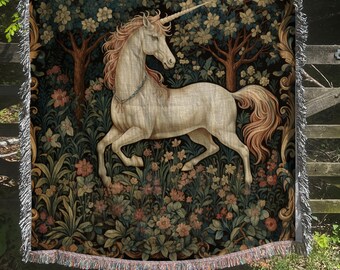 Couverture tissée licorne Cottagecore, décoration de chambre d'enfant inspirée des contes de fées, jeté tissé Fairycore de Style William Morris tapisserie botanique
