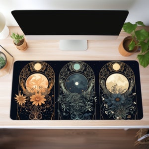 Celestial Desk Mat - Moon Phases, Witch Aesthetic, Green Dark Academia, Dark Cottagecore Mousepad, XXL Gaming, Extended Cute Desk Mat