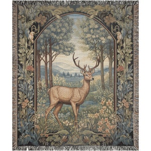 Cottagecore Woven Blanket, Deer Hunting Inspired Decor, William Morris Style Fairycore Woven Throw Tapestry Forest Botanical Man Cave Decor image 3