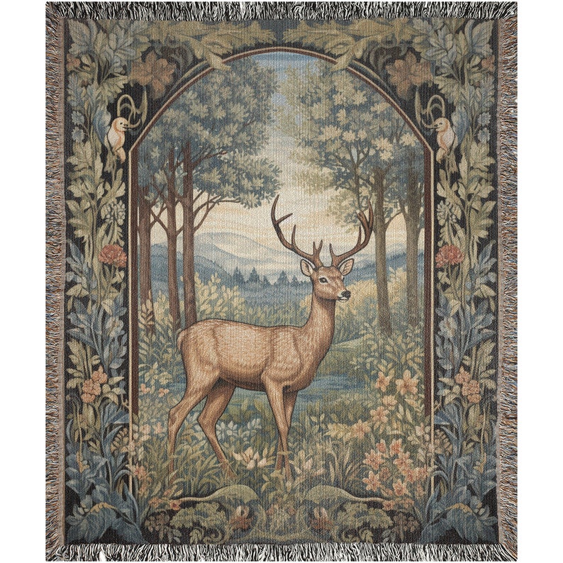 Cottagecore Woven Blanket, Deer Hunting Inspired Decor, William Morris Style Fairycore Woven Throw Tapestry Forest Botanical Man Cave Decor image 3