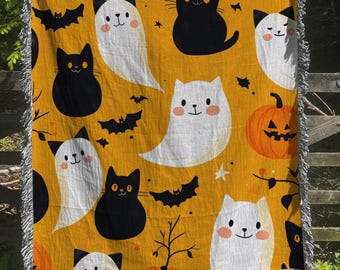かわいいゴーストキャットのハロウィンブランケット、友達への秋のギフト、季節の装飾、ハロウィンの雰囲気を演出する装飾、暖かい織りブランケット、不気味な季節の愛好家