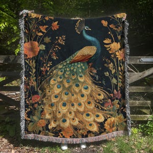 Peacock Feather Blanket Woven Fringe William Morris Art Throw Blanket Vintage Cottagecore Woodland Gothic Decor Woven Throw Peacock Tapestry