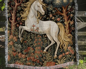 Couverture tissée licorne Cottagecore, décoration de chambre d'enfant inspirée des contes de fées, jeté tissé Fairycore de Style William Morris tapisserie botanique