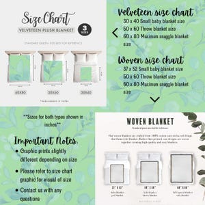 May include: Size chart for Velveteen plush blankets and woven blankets. The chart shows three sizes: 30x40, 50x60, and 60x80 inches. The image includes a standard queen-size bed for reference and important notes about the graphic prints.