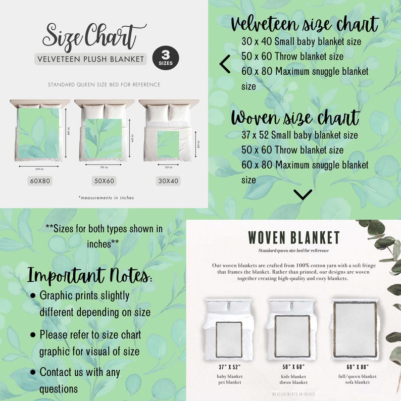 May include: Size chart for Velveteen plush blankets and woven blankets. The chart shows three sizes: 30x40, 50x60, and 60x80 inches. The image includes a standard queen-size bed for reference and important notes about the graphic prints.